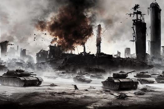 Army tanks invade to a city, war battle between enemy countries, artillery destroys infrastructure, illustration