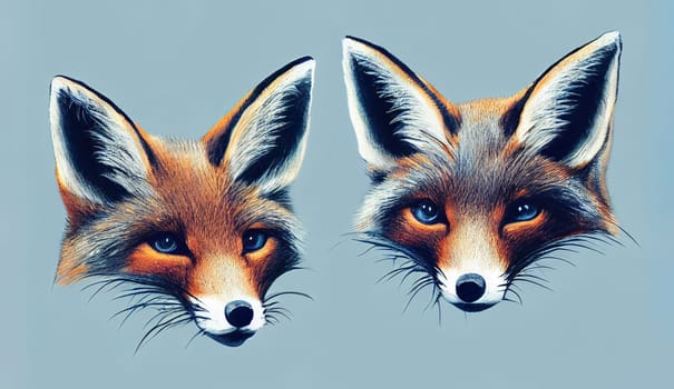 Portrait of red fox, vulpes pair, animal illustration