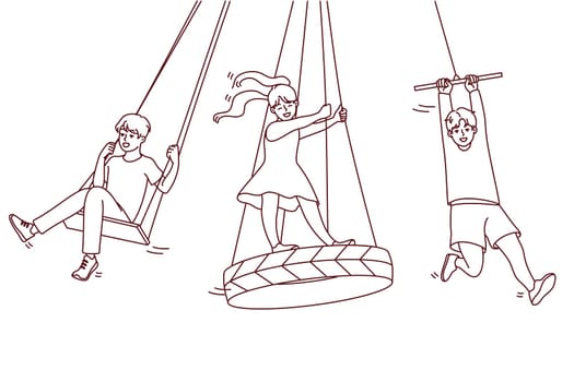 Happy children have fun riding on swings outdoors. Smiling kids enjoy summer leisure activity on street. Childhood concept. Vector illustration.