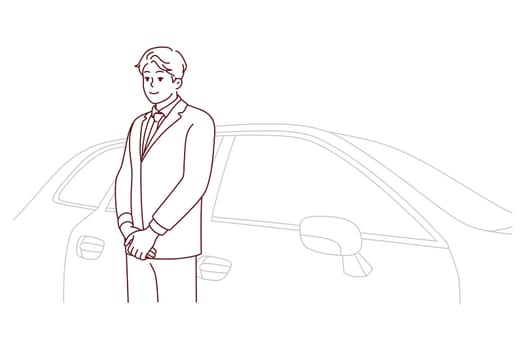 Car driver in suit standing near car waiting for client. Chauffeur in formalwear working in luxury automobile company. Good quality service. Vector illustration.
