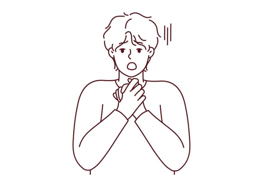 Shocked young man feel surprised and astonished with unbelievable news. Stunned male amazed by unexpected message or information. Vector illustration.