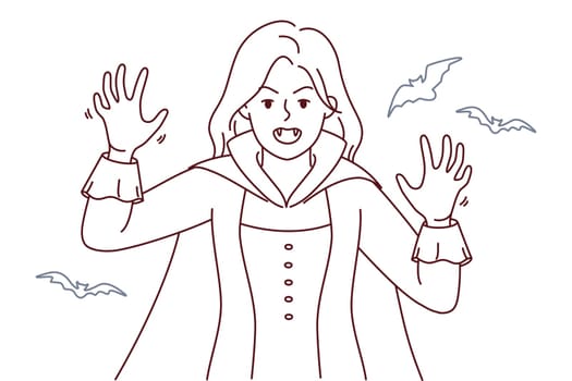 Furious young woman in Dracula costume dressed for Halloween. Mad female in suit for carnival or masquerade. Vector illustration.