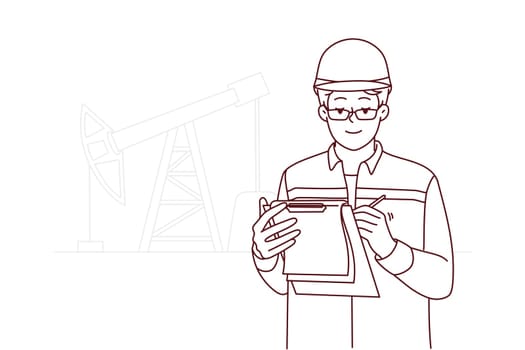 Male engineer in uniform and helmet take notes at construction site. Man worker write in journal working at building area. Engineering concept. Vector illustration.