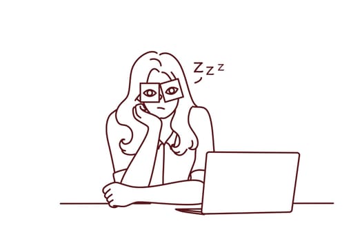 Exhausted young woman sit at desk work on computer overwhelmed with office job. Tired girl feel sleepy overwork at workplace. Fatigue concept. Vector illustration.