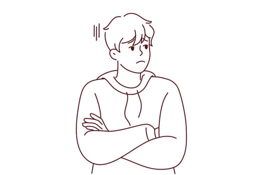 Unhappy young man look aside feeling bored and distressed. Upset millennial guy unsatisfied with news or situation. Stress and loneliness. Vector illustration.