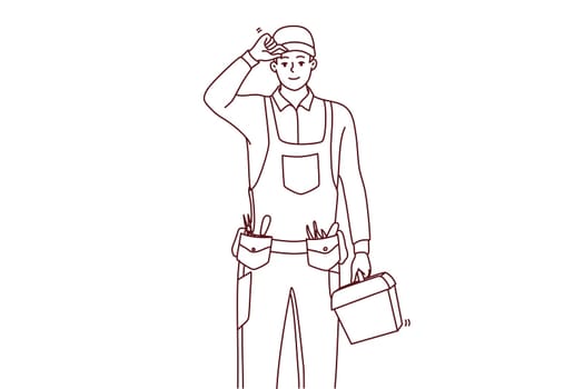 Smiling young maintenance worker in uniform with tools in hands. Happy male repairman or mechanic with box of instruments and equipment. Vector illustration.