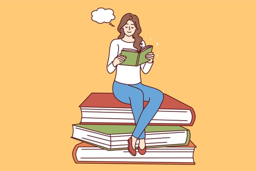 Smiling young woman sitting on pile of huge books reading. Happy girl enjoy literature visualizing or imagining. Education and hobby. Vector illustration.