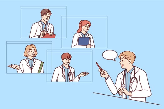 Male doctor talk on video call with colleagues consulting. GP have online consultation with coworkers on webcam. Teamwork. Vector illustration.