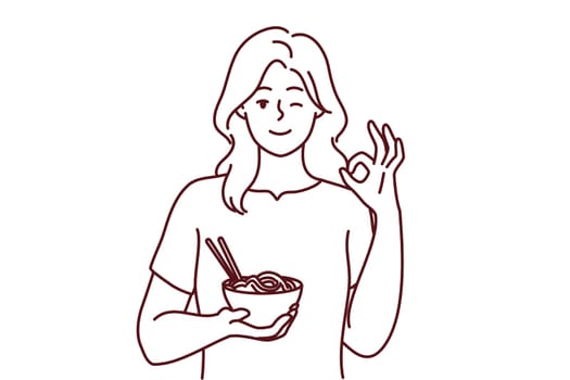 Smiling young woman eating Asian food show all right hand gesture. Happy girl enjoy noodles recommend restaurant. Recommendation. Vector illustration.