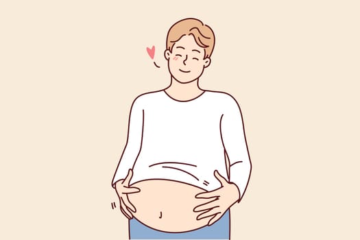 Happy fat man holding big belly feeling body positive. Smiling overweight guy with huge stomach with self-acceptance. Vector illustration.