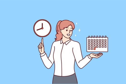 Smiling businesswoman hold finished schedule point at clock. Happy woman employee with good time management skills finish tasks on plan. Vector illustration.