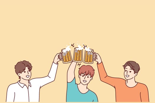Smiling young men clinking glasses drinking beer together. Happy guys cheers enjoy party have fun. Friendship concept. Vector illustration.