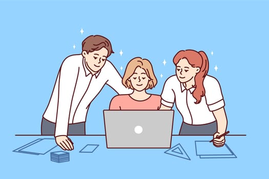Smiling colleagues look at laptop screen work together on business project in office. Happy businesspeople brainstorm cooperate together on computer. Teamwork. Vector illustration.