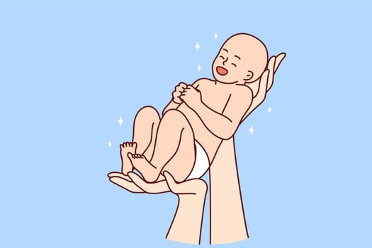 Close-up of hands holding smiling cute newborn baby. Parent with child infant excited about parenthood. Childbirth concept. Vector illustration.