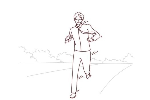 Stressed businessman running on road worried about meeting deadline. Anxious man feel in rush hurry or being late. Vector illustration.