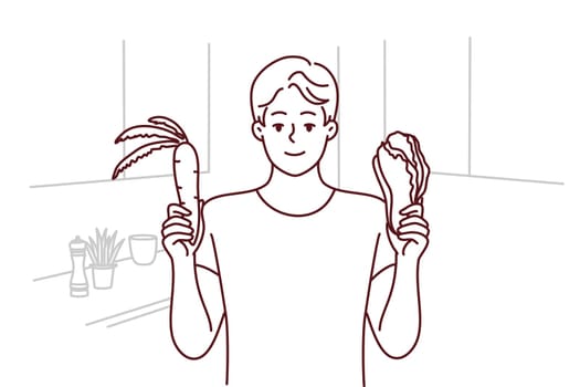 Smiling young man holding fresh organic vegetable follow diet. Happy guy choose natural products cooking in kitchen. Vegetarian concept. Vector illustration.