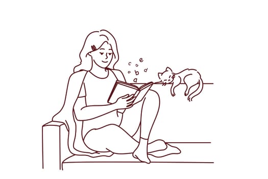 Happy young woman sit on sofa reading book with cat sleeping near. Calm relaxed girl rest on couch with novel enjoy weekend with pet. Vector illustration.