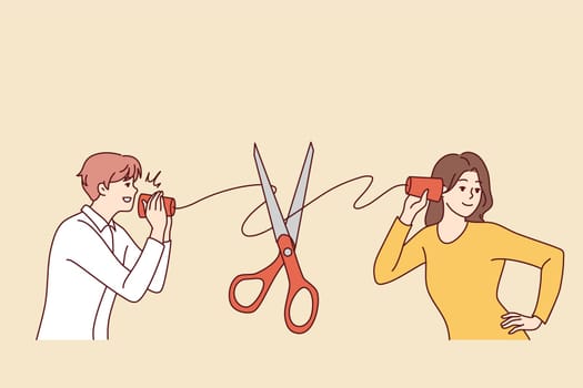 Man and woman with handmade cups hearing device suffer from bad communication. Scissors cut thread connecting couple talking. Vector illustration.