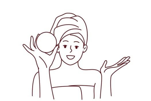 Smiling woman in towel and bathrobe do facial beauty procedures in spa. Happy girl enjoy face skincare procedures at home. Cosmetology concept. Vector illustration.