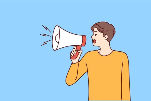 Young man with loudspeaker shouting about deal or promotion. Male hold megaphone make announcement attract attention. Advertising. Vector illustration.
