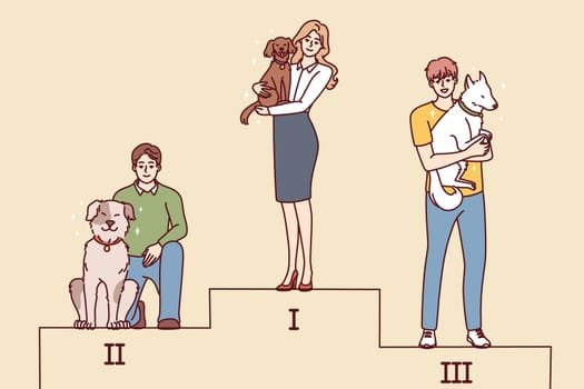 People with dogs standing on pedestal participate in competition. Pet owners with animals after contest taking places on stand. Vector illustration.