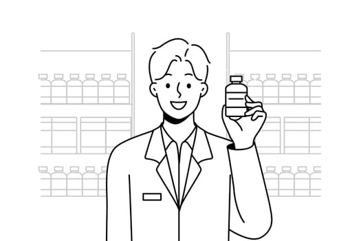 Smiling male pharmacist in medical uniform hold bottle in hands. Happy man specialist or professional recommend medication or drug. Healthcare and medicine. Vector illustration.