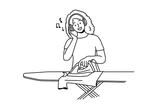 Smiling young woman in headphones ironing clothes at home. Happy African American girl listen to music in earphones do house chores. Vector illustration.