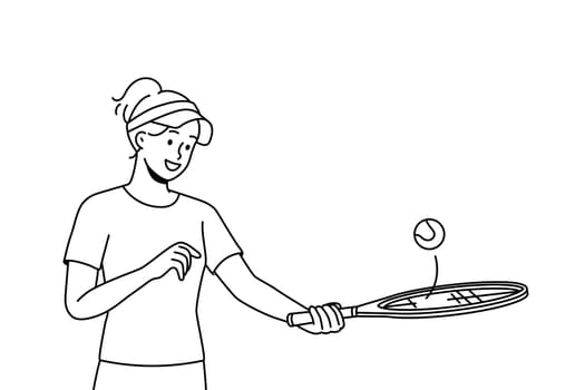 Smiling young woman in uniform playing badminton. Happy girl with racket and ball enjoy match outdoors. Sport and hobby. Vector illustration.
