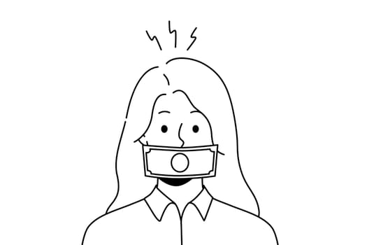 Woman with dollar banknote on mouth get bribe. Female with money covering face engaged in corruption and bribery. Vector illustration.