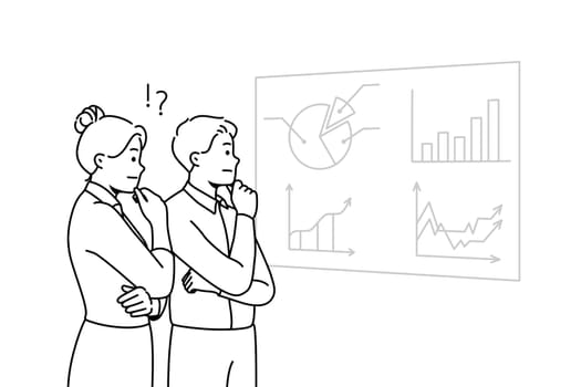 Pensive businesspeople look at board brainstorming on financial ideas. Thoughtful employees cooperate together engaged in team thinking. Teamwork. Vector illustration.