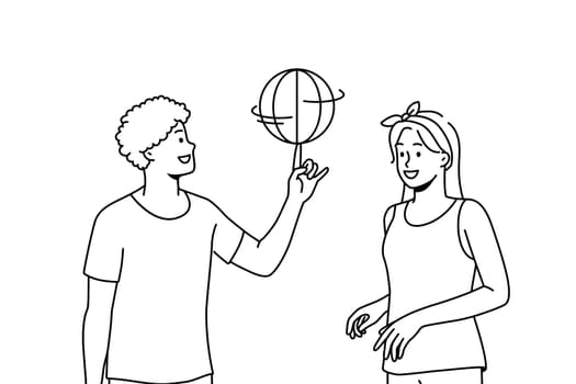 Happy multiracial friends have fun playing basketball outdoors. Smiling man and woman enjoy game on playground. Hobby and entertainment. Vector illustration.
