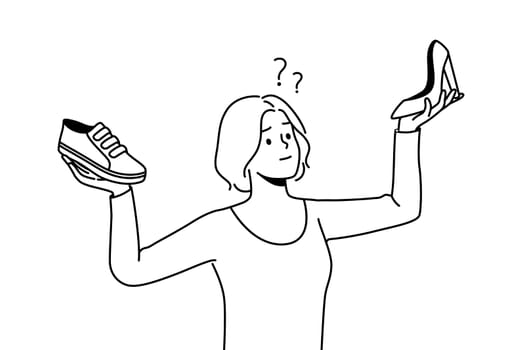 Confused young woman choosing between different shoes types. Frustrated girl make choice between sneakers and heels. Fashion and style. Vector illustration.