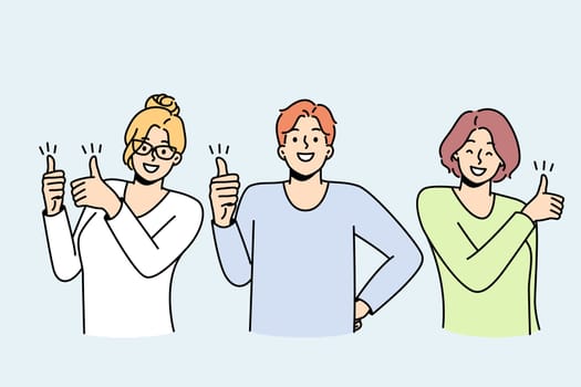 Young man, women show thumbs up hand gesture, smile. Girls, guy demonstrate activity in social networks, media, forums, attract followers, subscribers. Put heart, share post. Likes addiction vector.