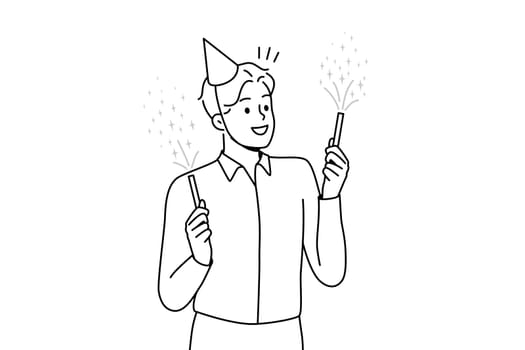 Smiling young man in birthday hat holding sparklers celebrating. Happy businessman have fun enjoy fireworks at party. Vector illustration.