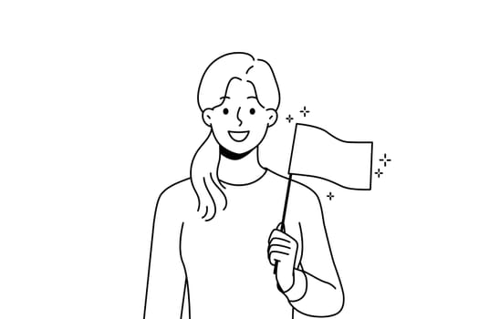 Smiling young woman holding UK flag in hands. Happy female with British national sign. Vector illustration.
