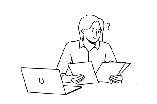 Frustrated woman working with paperwork busy at laptop. Confused female employee consider documents at workplace. Vector illustration.