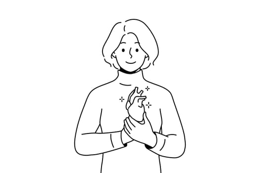 Smiling young man holding heart in hands. Happy female demonstrate healthy heart. Cardiovascular problem and healthcare. Vector illustration.