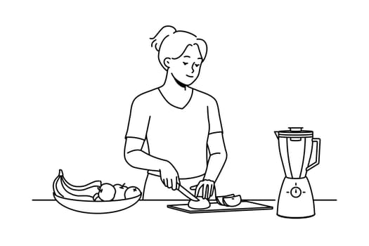 Happy young woman chopping fruits for smoothie. Smiling girl cut fresh fruit in kitchen follow healthy lifestyle. Vector illustration.