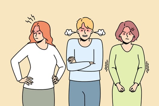Girls, guy can not agree, come to decision that suits everyone. Man, women are angry to each other. Colleagues are annoyed. Failed negotiations. Vector thin line colored illustration.