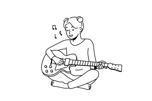 Smiling girl sit on floor playing guitar. Happy female enjoy musical lesson with instrument. Hobby and entertainment. Vector illustration.