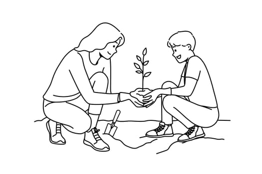 Caring young mother and son planting tree together. Smiling mom and child put seedling in ground care about nature and environment. Vector illustration.