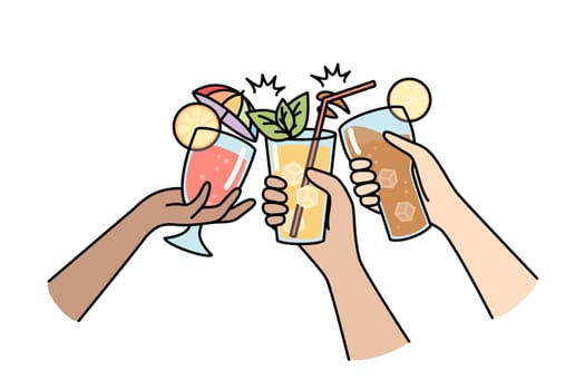 Hands of multiracial people clink glasses with different drinks. Chin-chin, toast with cocktails with ice cubes, mint leaves, lemon slices, straw. Vector contour line illustration isolated on white.