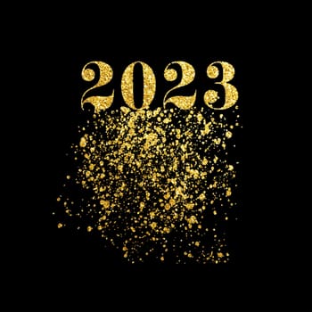 The year number 2023 with golden glitter on a black background, vector illustration