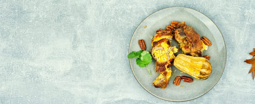 Tasty fried meat rolls stuffed with pumpkin. Autumn recipe.