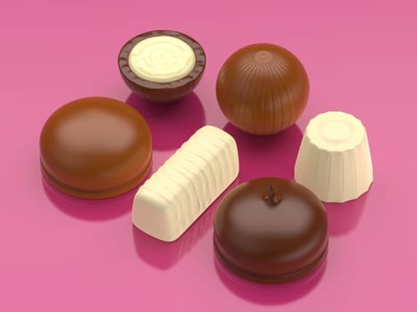 Assorted chocolate candies on shiny pink background