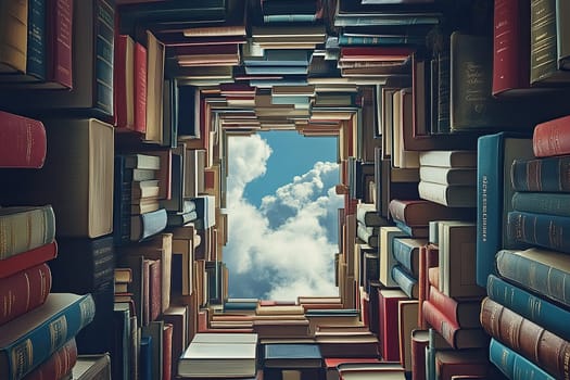 A rack of shelves full of books rises into the cloudy sky. Concept of gaining knowledge