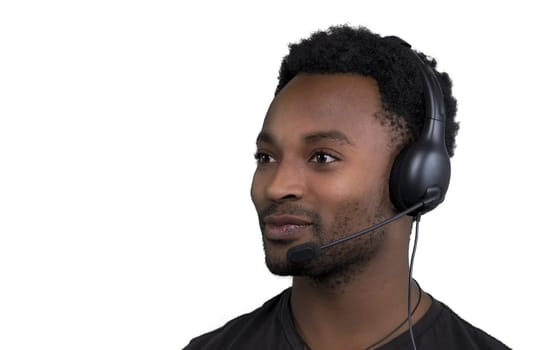support center contact us helpline customer service assistant african man wearing headset microphone isolated on white background