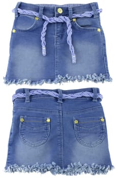 Jeans skirt. Close-up of sexy short blue jeans skirt with blue white linen twine and golden ornaments isolated on a white background. Denim fashion for girls.Front and back view.