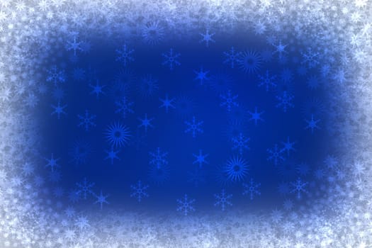 Christmas card template. Abstract festive natural blue white winter christmas background texture with blue and bokeh lighted snowflakes, stars and a frame. Beautiful card design.