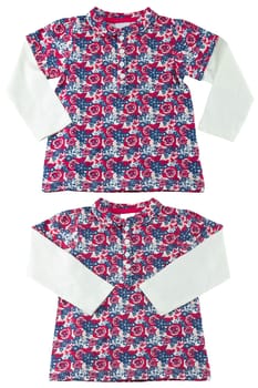 Children clothes. Two views of a fashionable little girl long-sleeved shirt with floral print isolated on a white background. Kids baby colorful T-shirt with red roses pattern.